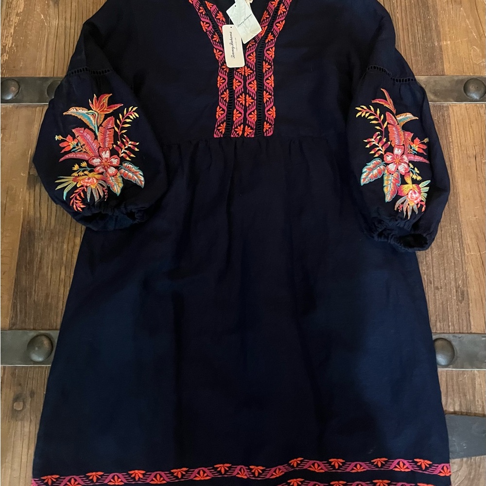 Tommy Bahama Navy Dress with Coral & Pink Floral Embroidery